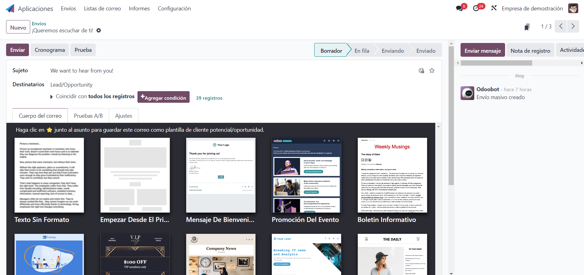 Aplicación  Email Marketing Odoo